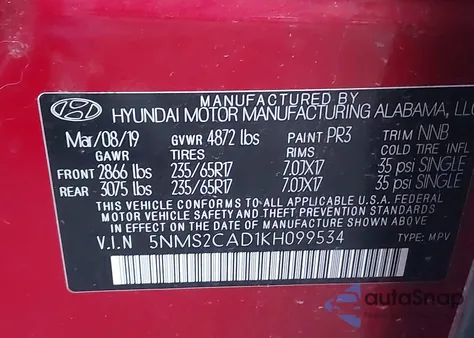 2019 Hyundai Santa Fe Se z USA, uszkodzony, nr VIN 5NMS2CAD1KH099534